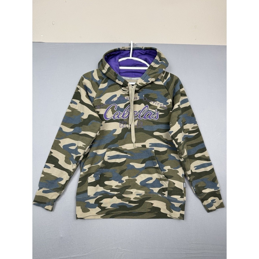 Cabelas Camo Pullover Sweatshirt Mens Small Purple Hoodie Drawstring Hunting Y2K